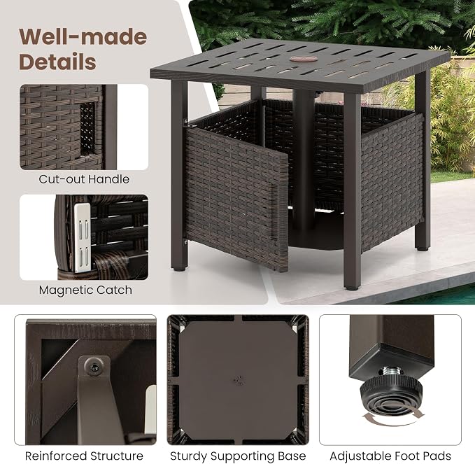 Tangkula Outdoor Table with Hole, Patio Umbrella Table with 2 Sand Bags, 1.93" Umbrella Hole, Metal Frame, PE Wicker, Outdoor Side Table for Garden, Deck and Poolside