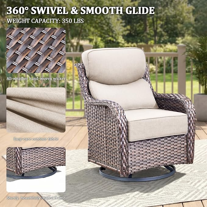 Luxury Swivel Rocker Chairs Set with 6" Thick Cushion 3 piece Wicker Outdoor Swivel Rocker Patio Chair with Side Table High Back Comfortable Outdoor Patio Furniture Set - Brown | Beige