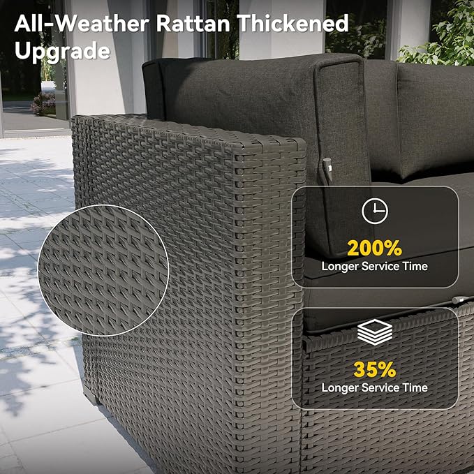 Aoxun Patio Furniture Set with Umbrella, 8 Piece Outdoor Sectional Sofas, Wicker Rattan Outdoor Furniture with Thickened Cushion for Backyard, Garden Black