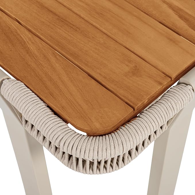 Acacia Wood Side Table, Square Outdoor End Table with Rope & Metal Frame, Small Outdoor Table for Patio, Garden, Poolside, Deck w/UV-Resistant Frame,120 lbs Capacity, Beige+Teak