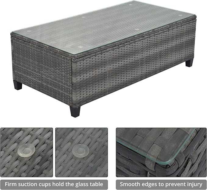 8 Piece Outdoor Wicker Round Sofa Set, Half-Moon Sectional Set with Tempered Glass Top Rectangular Coffee Table, Curved Patio Conversation Seating Set for Porch Backyard, Beige