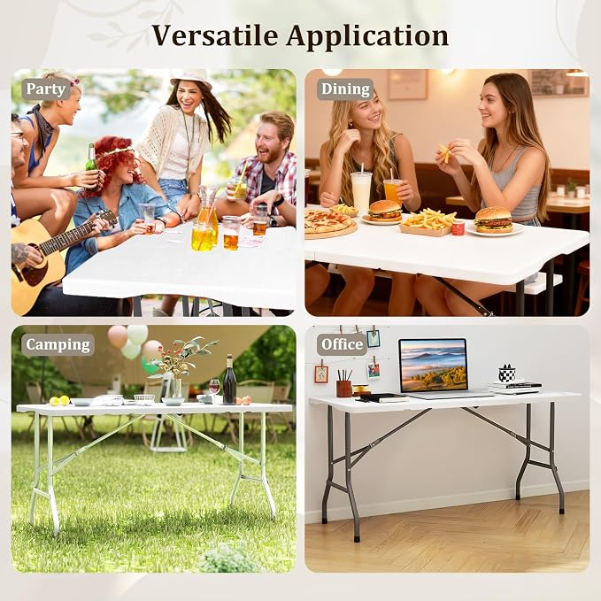 Goplus 5ft Folding Table, Indoor Outdoor Foldable Plastic Folding Tables, Heavy-Duty Rectangular Fold Up Table w/Handle, Portable Utility Card Table for Picnic, Party, Dining, Camping, Beach, White