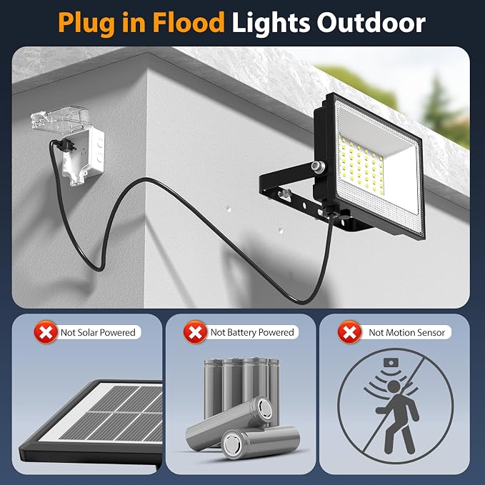 Onforu 40W Flood Lights Outdoor,4000lm Bright LED Work Light with Plug,Daylight White LED Flood Lighting, IP66 Waterproof Security Yard Lights for Garage Stadium 2 Pack