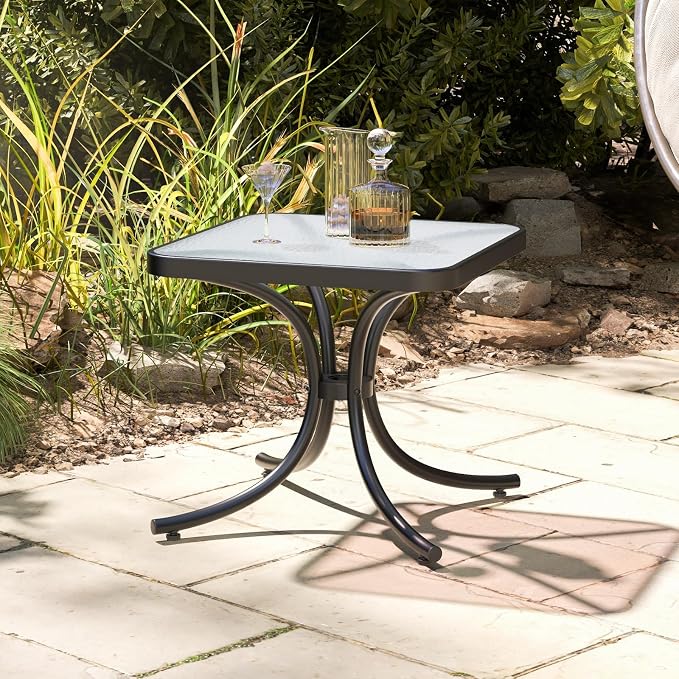 HAPPYGRILL Outdoor Side Table Square Patio End Table with Tempered Glass Top, 20" Bistro Table with Heavy-Duty Metal Frame, Indoor Small Compact Coffee Table for Garden Backyard Poolside