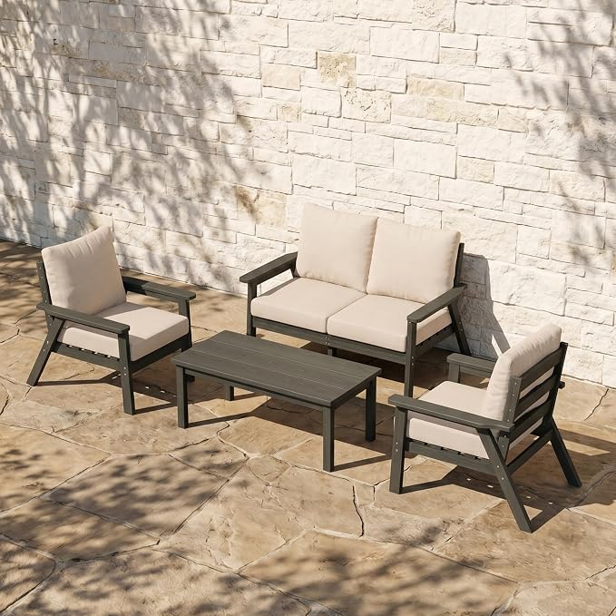 PLUUV 5-Piece HDPE Patio Furniture Set, Outdoor Sectional Conversation Set with Thick Washable Cushions & Coffee Table, All-Weather Modular Couch, Gray Frame with Khaki Cushion