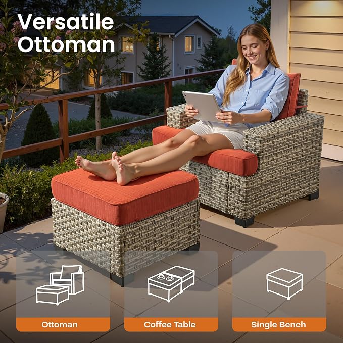 ovios 10 Piece Patio Sectional Furniture with 42in Fire Pit Table, Rattan Wicker Coversation Setwith Single Chairs, Outdoor Sofa Set for Outside Porch Balcony Backyard Pool, Orange