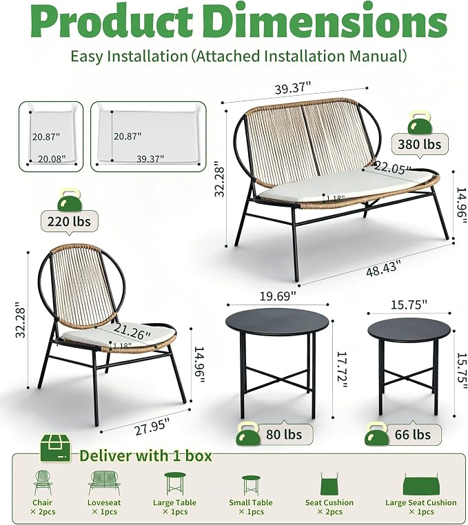 5-Piece Outdoor Patio Furniture Set, Wicker Sofa and Chairs with Cushions, PE Rattan All-Weather Conversation Set with Coffee Table for Backyard, Patio, Poolside, Garden, Deck Natural Wood