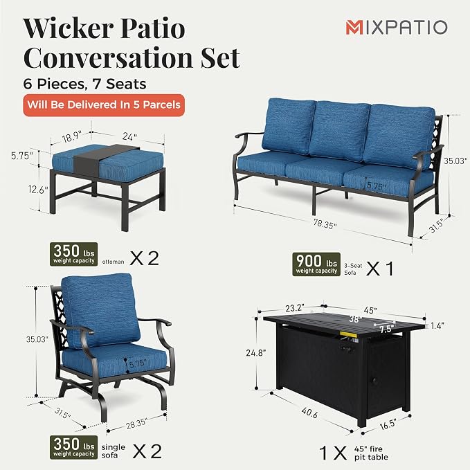 MIXPATIO Patio Furniture Set, 6 Pcs Metal Outdoor Conversation Set, 2 Rocker Chairs, 2 Ottomans and 3 Seater Sofa with 5.75" Extra Thick Cushion and Gas Fire Pit Table, Gemstone Blue