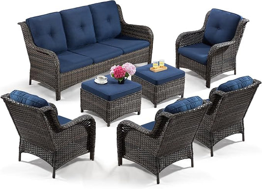 Wicker Patio Furniture Sets 7 Piece Set with One 3-Seat Sofa, 4 WIkcer Chairs, 2 Ottomans, Wicker Outdoor Furniture Set Patio Conversation Set, Blue