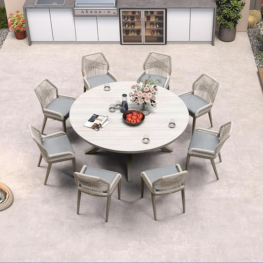 PURPLE LEAF 9 Pieces Round Dining Set Patio Aluminum Modern Round Table and Wicker Chairs with Cushions for Kitchen Backyard Garden Outdoor Furniture Sets, Light Grey