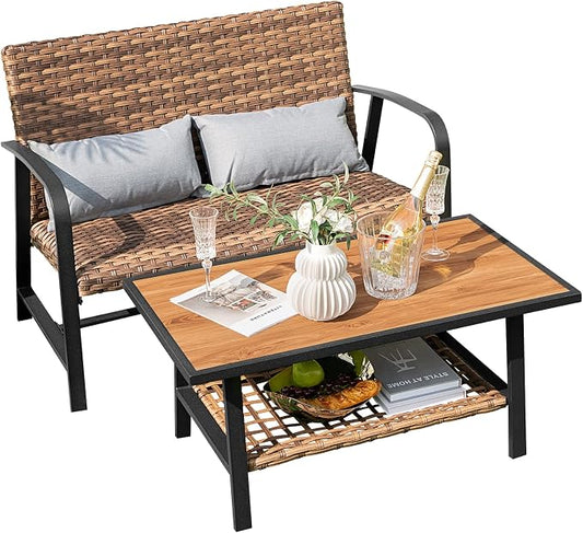 Tangkula 2 Pieces Patio Wicker Furniture Set with 4D Air Fiber Quick Dry Cushion, Outdoor Loveseat and Coffee Table Set with DPC Tabletop and Lumbar Pillows, Patio Conversation Set