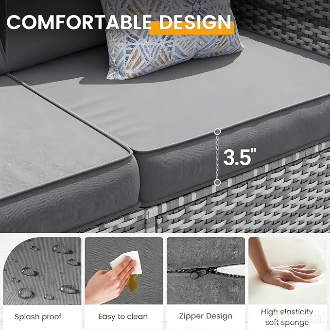 UDPATIO Outdoor Patio Furniture Set, 7 Pcs PE Wicker Sectional Sofa with Tea Table, Outdoor Conversation Set with Waterproof Cover for Patio, Garden, Backyard (Grey Cushions with Grey Rattan)
