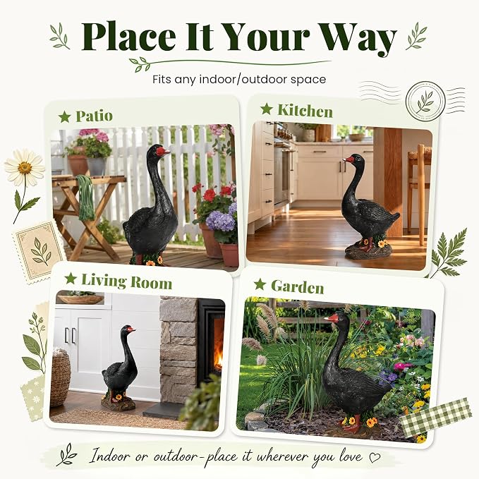 GIGALUMI 19" Large Porch Black Goose Statue, Durable Resin Garden Decor, Hand-Painted Animal Sculpture Indoor Outdoor, Patio Lawn Yard Art Ornaments, Birthday Housewarming Gift for Women Mom Grandma