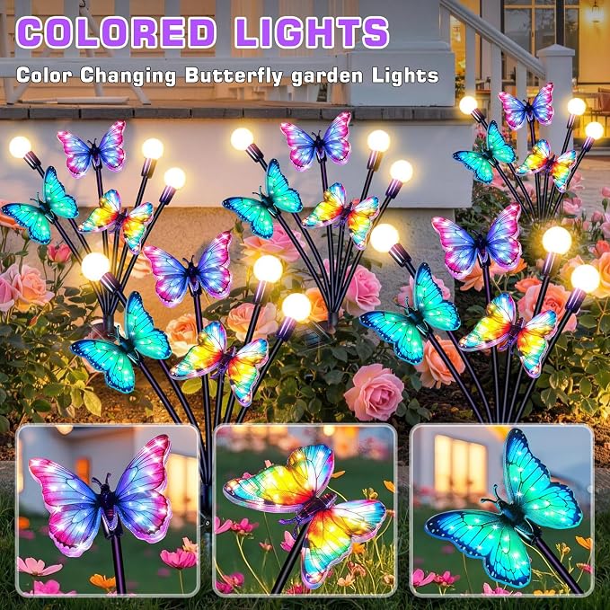 Solar Garden Lights Outdoor, Butterfly Firefly Lights 2 Pack, Waterproof | 3 Dynamic Fluttering Butterfly & 3 Firefly, Solar Garden Decor For Yard, Patio, Lawn, Gifts For Mom Women