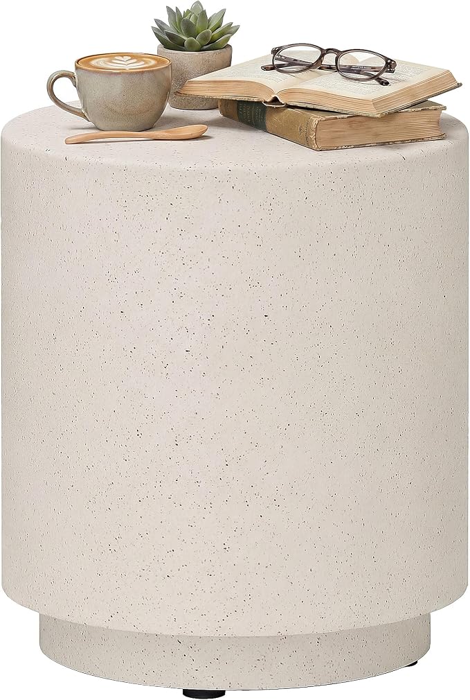 HOMCOM Outdoor Side Table, Round Small End Table with Concrete Finish for Indoor, Patio, Backyard, Pool, Porch, Garden, Lawn, Cream White