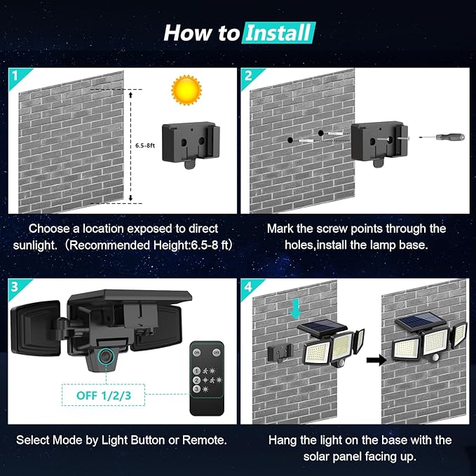 Tuffenough Solar Outdoor Lights 2500LM 210 LED Security Lights with Remote Control,3 Heads Motion Sensor Lights, IP65 Waterproof,270° Wide Angle Flood Wall Lights with 3 Modes(4 Pack)