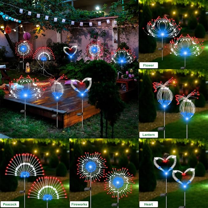 Slyuexu Solar Garden Lights Outdoor Waterproof, 2 Pack 120 LED Solar Firework Lights Decorative Garden Décor Outside for Flowerbed Pathway Party Christmas Decoration, 4th of July Decor, Multicolor