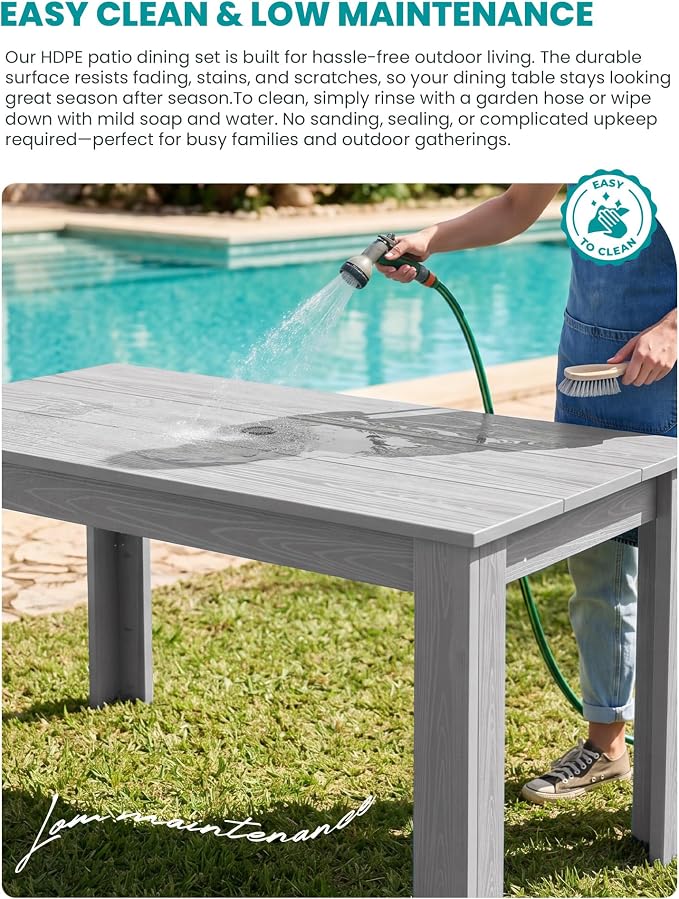 SERWALL 59" Patio Dining Set for 8, HDPE Dining Set, Light Gray | Include 2 Rectangular Tables and 8 armless Chairs, All Weather Dining Sets for Garden, Backyard