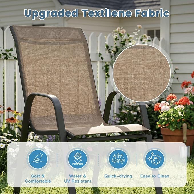 DIFY 7 Piece Outdoor Dining Set, 63" Black Rectangle Metal Patio Table and Brown Textilene Stackable Chairs for 6, All Weather Patio Furniture Set with Umbrella Hole for Backyard Garden Deck