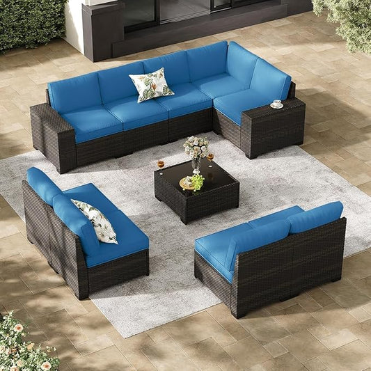 10-Piece Outdoor Patio Furniture Set with PE Wicker Sectional Sofa, Removable Cushions, Glass Coffee Table, Left and Right Armrest Rattan Conversation Set for Garden, Porch, Deck, Backyard(Blue)