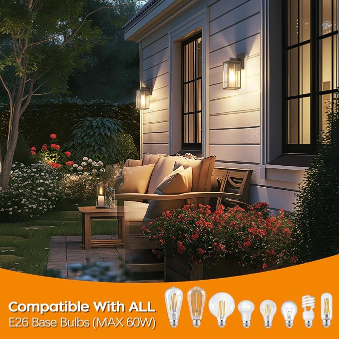 WIHTU Exterior Lighting Fixture Wall Mount, Outdoor Porch Light Wall Sconce | 10.65 inch, Anti-Rust Metal Frame, Tempered Glass, E26 Base, Waterproof, Wall Lantern for House, Patio, Garage, Entryway