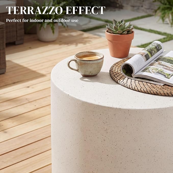 HOMCOM Outdoor Side Table, Round Small End Table with Concrete Finish for Indoor, Patio, Backyard, Pool, Porch, Garden, Lawn, Cream White
