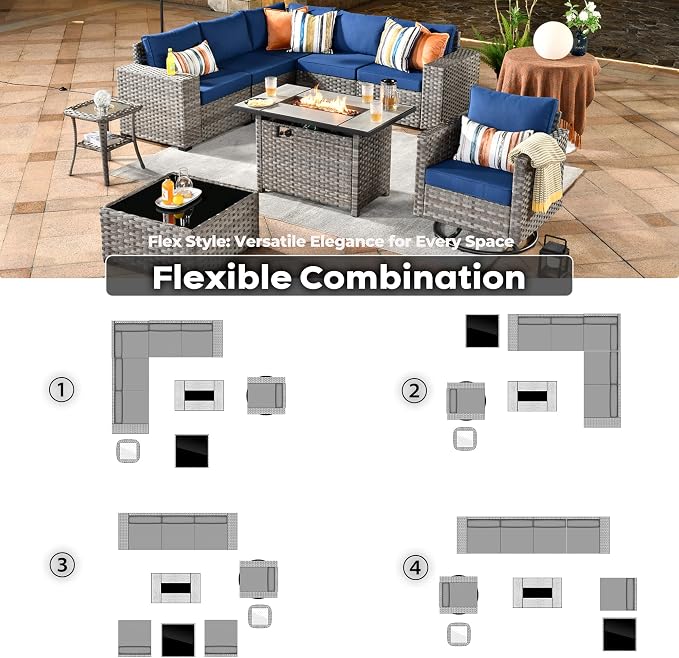 ovios 9 Pieces Patio Furniture Set, Outdoor Wicker Sectional Sofa with 42" Fire Pit Table Swivel Chair, Modern Modular Deep Seat Rattan Couch Conversation Sets, Navy Blue