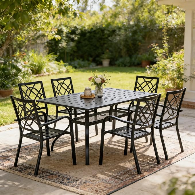 SUNCROWN 7-Piece Outdoor Wrought Iron Chairs and Table Patio Dining Furniture Set - 6 Stackable Metal Chairs, 1 Steel Slat Bistro Table for Garden Backyard Deck