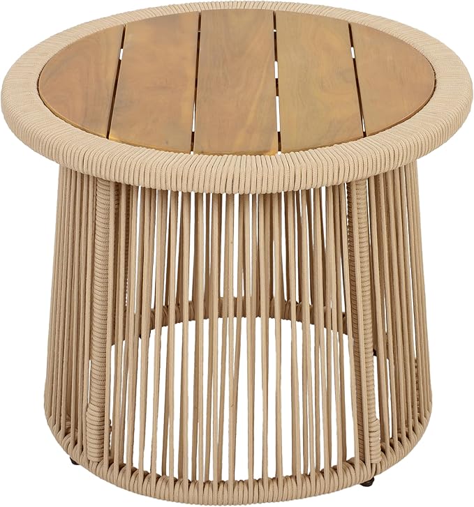 Conical Light Beige Rope Side Table, Teak Finish Acacia Wood Top, 150 lbs Capacity, No Assembly Required, Modern Open-Weave Round Accent Table for Patio Backyard Living Room