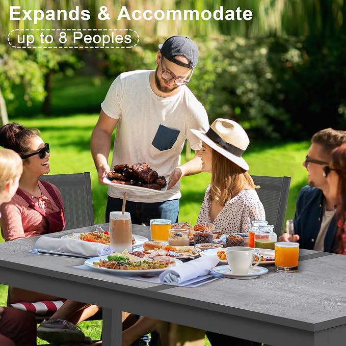 FansaFurn Aluminum Expandable Outdoor Dining Table, 62.6"-91.7" Adjustable Length Patio Dining Table for 4-10 Person, Aluminum Frame Plastic Stone Tabletop for Garden Porch Deck, Grey