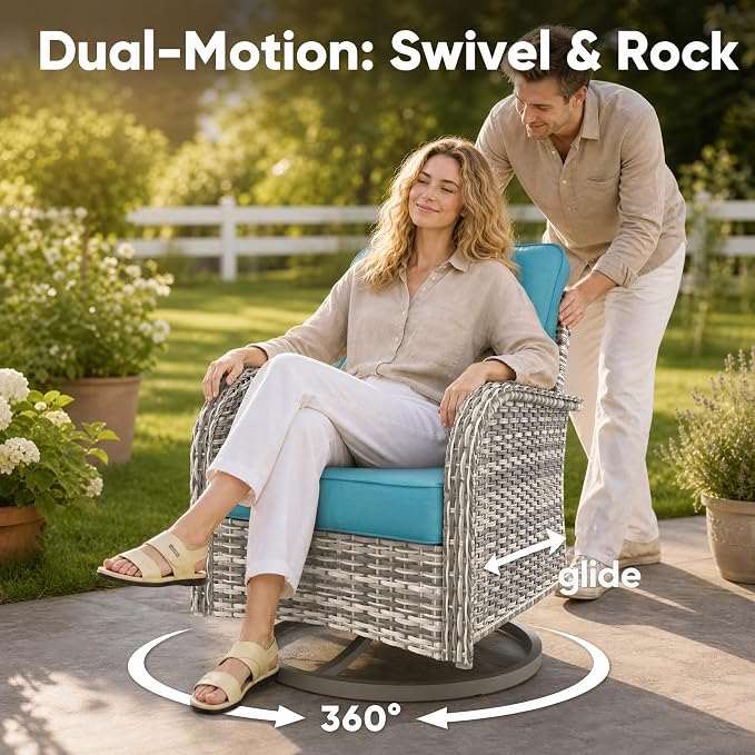 5-Piece Small Patio Furniture Set, Outdoor Swivel Rocking Chairs Set with Ottomans, Patio Bistro Set for Balcony, Deck, Porch, Lake Blue