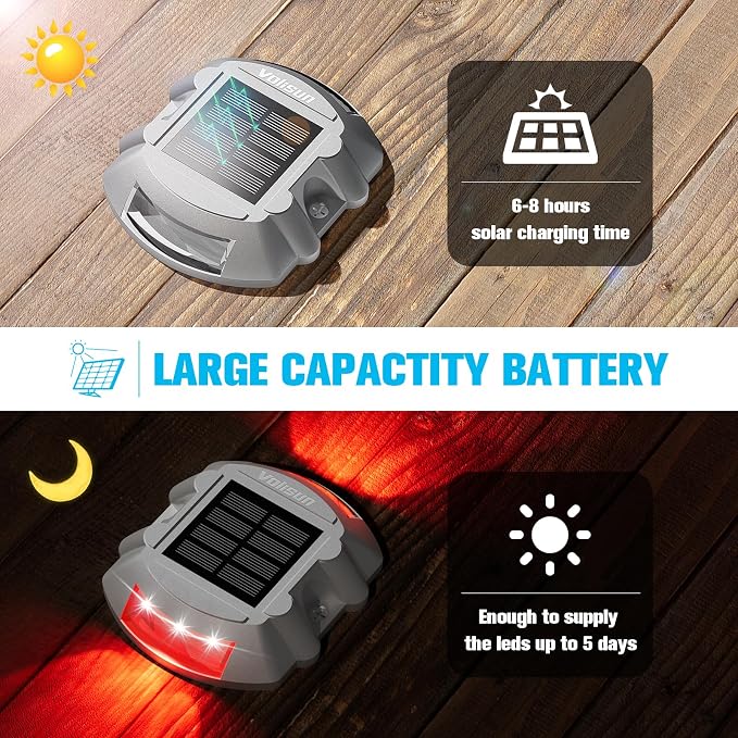 VOLISUN Solar Deck Driveway Dock Lights,Solar Pathway Lights,Red 4 Pack | Solar Powered LED, IP68 Waterproof Led Outdoor Warning Step Marine Lights for Sidewalk Garden Yard