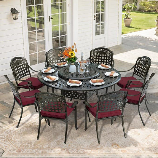 9-Piece Patio Furniture Dining Set, All Weather Cast Aluminum Outdoor Conversation Set- 61" Round Patio Dining Table with Detachable Lazy Susan & 8 Chairs, 2" Umbrella Hole, Chili Red