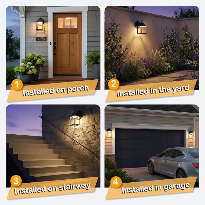 Outdoor Wall Light Fixture Dusk to Dawn, Rustproof Aluminum, LED | Exterior Porch Light Wall Sconce Lantern for House, Patio, Garage, Waterproof, Glass, 9.5W 800 Lumen, 3000K, Black, 2 Pack