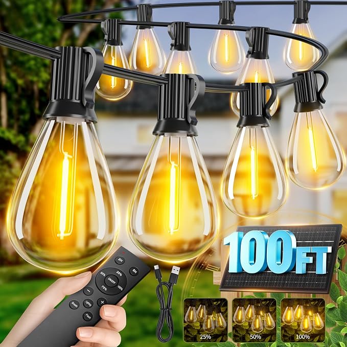 100FT Solar String Lights Outdoor Waterproof, 35+1 LED Solar Powered Lights with Remote Control, 3 Light Modes & Dimmable, USB-C Charging for Patio, Backyard, Garden, Camping