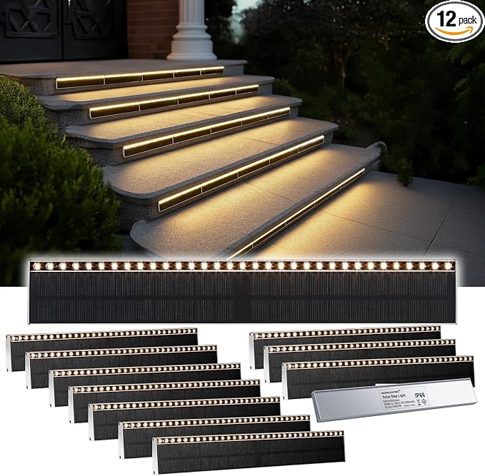 SHONELIGHTING Solar Step Lights Outside, 33 Focused LEDs, Stair Light, 12PK | Downward Lighting, High Brightness, Modular, Waterproof Aluminum, Risers, Deck, Curbsides, Planter Edges, Warm White, 3000K