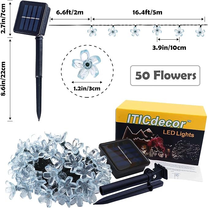ITICdecor Outdoor Solar Flower String Lights Waterproof 50 LED Fairy Light Decorations for Christmas Tree Garden Patio Fence Yard Spring (Cool White)