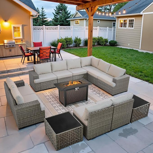 13 Piece Patio Furniture Set with 43" Propane Fire Pit Table, 10-Seater Modular Wicker Sectional Sofa with Swivel Rocker Patio Chairs for Deck Backyard or Outdoor Gatherings