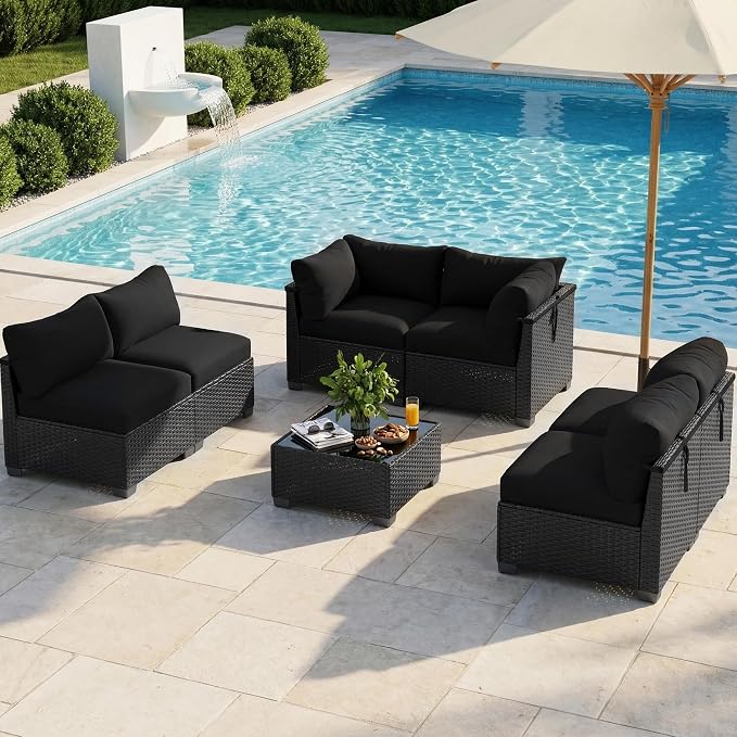 Patio Furniture Set, 7-Piece Outdoor Sectional Couch with Coffee Table & Thick Cushions, Outdoor Wicker Conversation Set for Backyard, Poolside, Garden (Crossbody Black-Black, 7 Piece-Single)