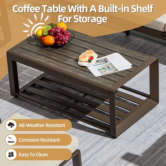 6 Pcs Aluminum Patio Furniture Set with Coffee Table Outdoor Conversation Sofa Set Include Adjustable 3-Seater Sofa, 2 Hydraulic Chair, 2 Ottoman for Balcony, Garden, Poolsid （Beige）