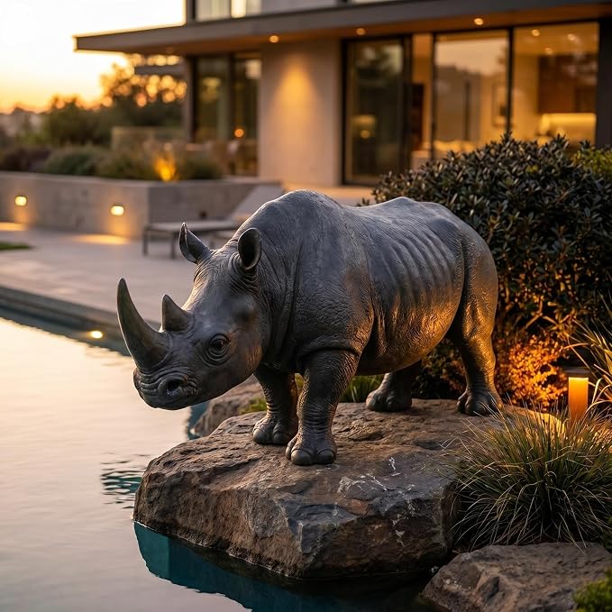 28" Large Rhinoceros Garden Statue | Realistic Resin, Weatherproof, Outdoor Wildlife Sculpture, Yard Lawn Patio Safari Decor