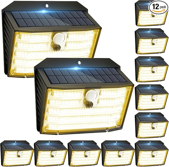 [12 Packs] Solar Motion Lights Outdoor, Ultra Bright Solar Fence Lights with Motion Sensor, IP65 Waterproof Security Light 3 Modes, 270° Lighting Angle, Wall Lights for Deck Patio Fence Garage Door