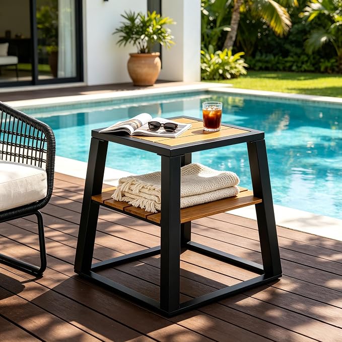 Outdoor Side Table, 2-Tier Acacia Wood End Table with White Iron Frame, Weather-Resistant Patio Side Table with Storage Shelf, Teak Finish, 30 lbs Capacity, Black