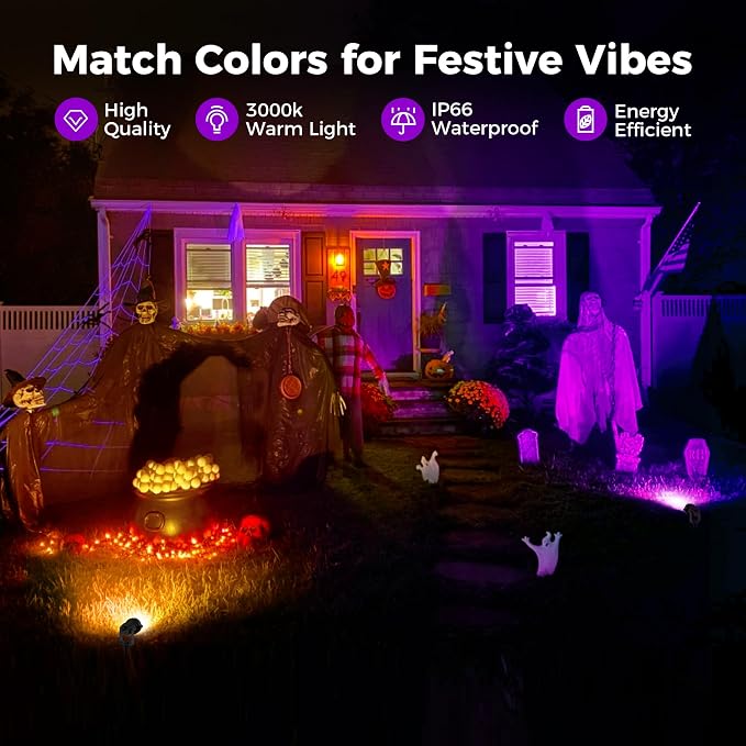 L LOHAS LED Purple Halloween Outdoor Spotlight 5W Dusk to Dawn 2 Pack | Purple Halloween Spotlights with Auto On/Off Function, Outdoor Tree Lighting for Holiday, Yard and Garden Decoration