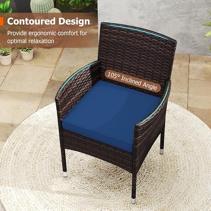 Tangkula 3 Piece Patio Furniture Set, Hand-Woven PE Wicker Conversation Set with Contoured Armchairs, Cushions & Round Coffee Table, Outside Bistro Set for Porch, Backyard, Balcony (Navy Blue)