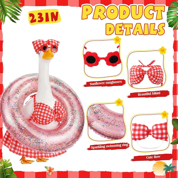 Bikini Porch Goose Outfits with Sunglasses and Swimming Tube for 23" Summer Goose Costume Garden Patio Statue Decor(Red Plaid)