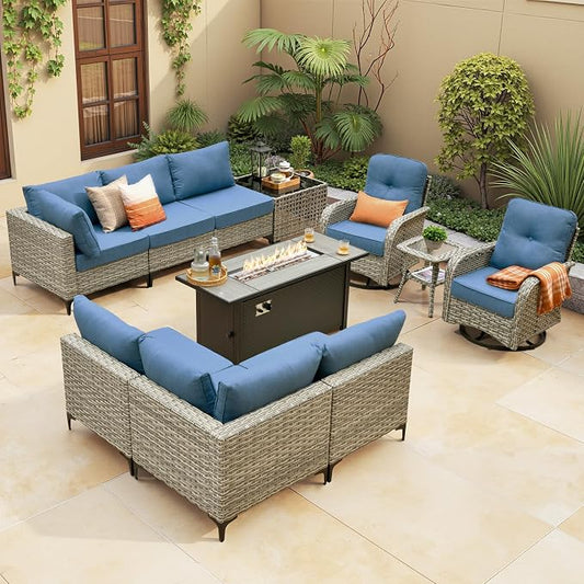 Outdoor Sectional Patio Furniture Set with Fire Pit Table,11 Pieces Rattan Wicker Conversation Sets L Shaped Couch,Out Door Furniture with Swivel Chairs Glowing Coffee Table,Denim Blue