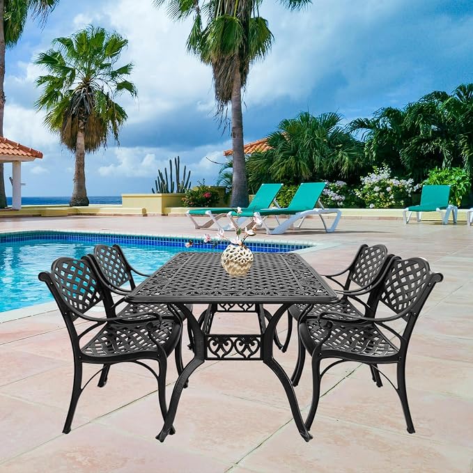 59" Cast Aluminum Outdoor Dining Table,Dining Conversation Side Table, Patio Bistro Table with 2.56" Umbrella Hole for Backyard, Garden, Patio, Porch