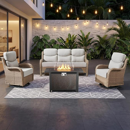 Luxury High Back Outdoor Furniture 6-Inch Thick Cushions with 50,000 BTU Gas Propane Fire Pit Tablet, Patio Furniture Set with Swivel Chairs, for Porch, Balcony, Deck and Yard