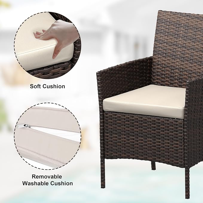 3 Pieces Patio Furniture Sets, Outdoor Wicker Furniture with Soft Cushion and Glass Coffee Table, Modern Rattan Patio Chairs Conversation Sets for Garden, Poolside, Porch, Balconies, Brown and White